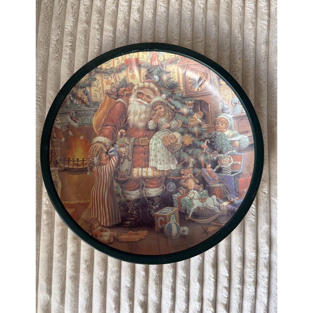 Vintage 1980 Christmas Santa Tin Serving Tray Round Gold Backing Nostalgic Santa